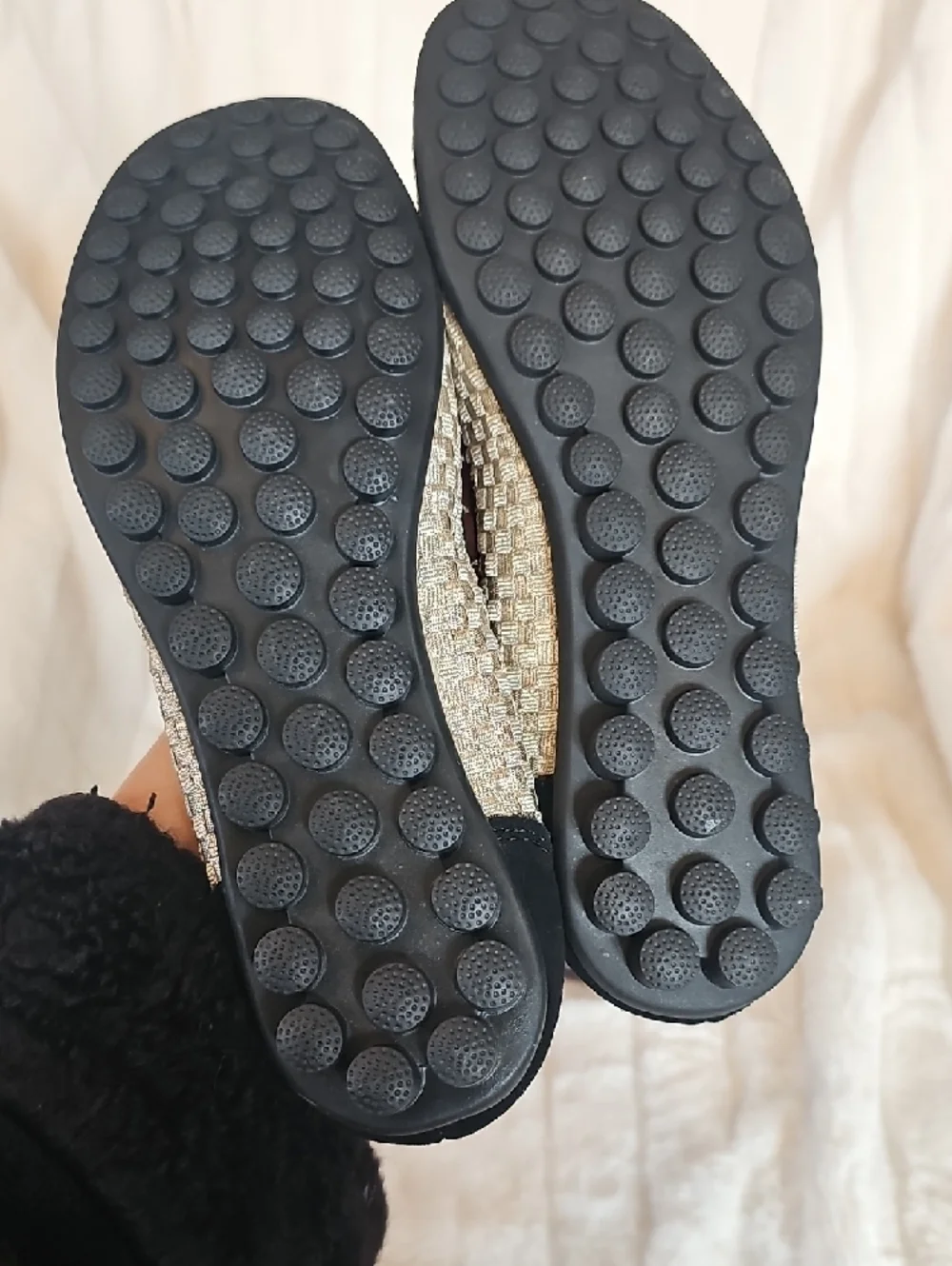 bernie mev. Gold Woven Ballet Flats with Black Trim